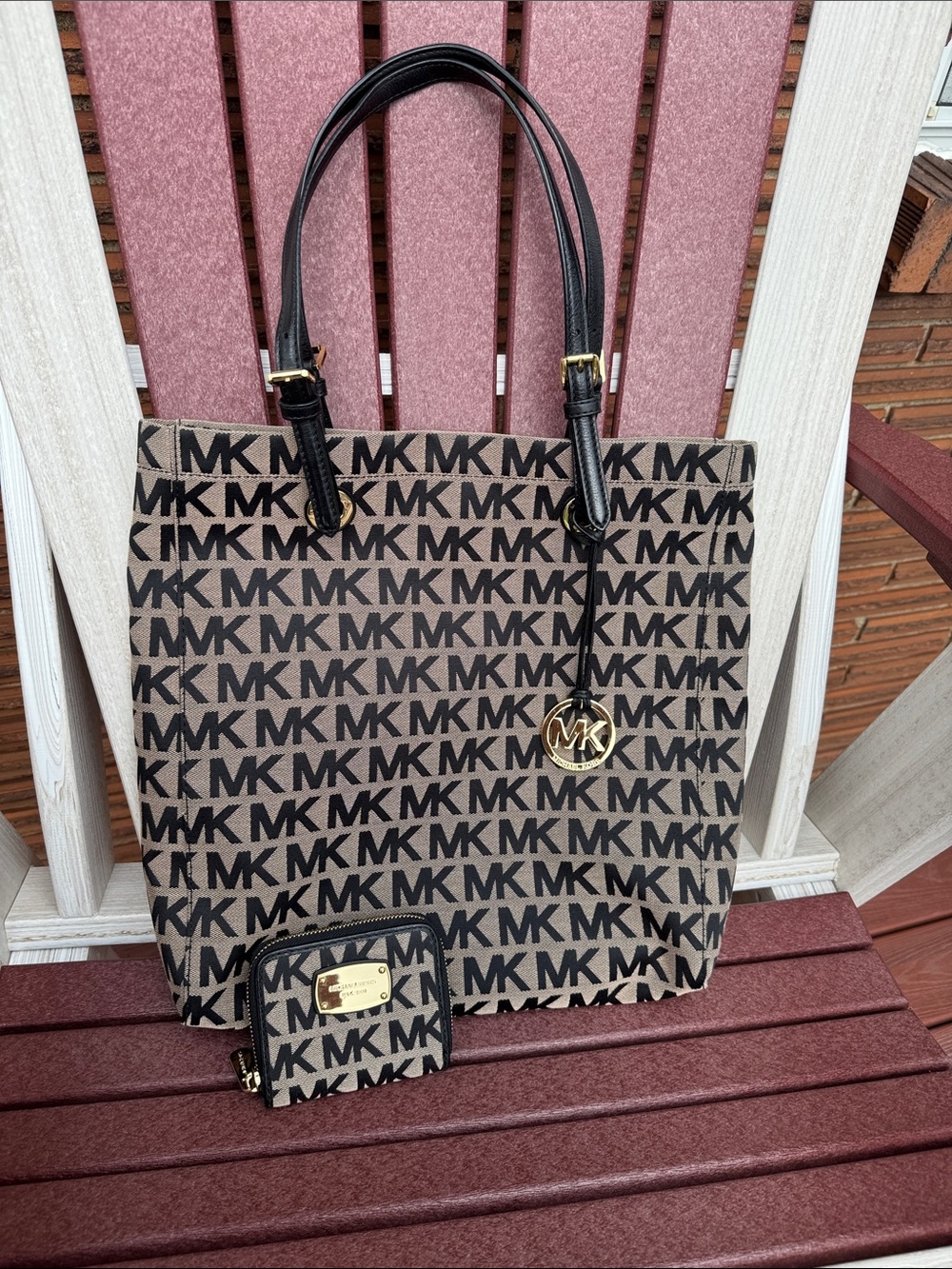 Michael Kors Beige and Black MK Logo Canvas Tote with Matching Wallet